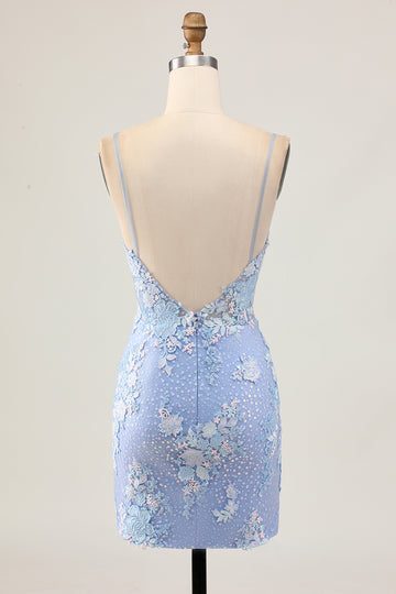 Light Blue Bodycon Floral Sequins Homecoming Dress with Appliques